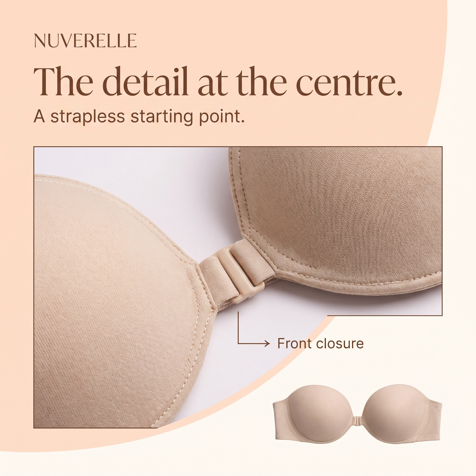 Front-Closure Strapless Bra — visible construction and detail callouts